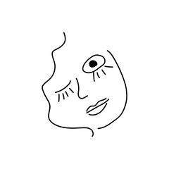 Modern Abstract Face Portrait. Linear Ink Brush. Line Art Current Contemporary Continuous Cubism Painting. Fashion Style Black And White Abstraction Poster