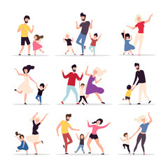 Fototapeta na wymiar Set of dancing families isolated on a white background. Happy parents and children celebrate the holiday. Family dances and parties. Vector illustration. Flat style