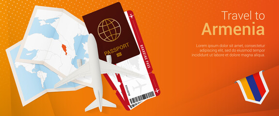 Travel to Armenia pop-under banner. Trip banner with passport, tickets, airplane, boarding pass, map and flag of Armenia.