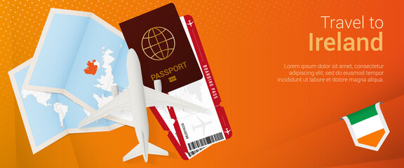 Obraz premium Travel to Ireland pop-under banner. Trip banner with passport, tickets, airplane, boarding pass, map and flag of Ireland.
