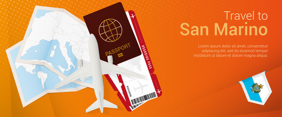 Travel to San Marino pop-under banner. Trip banner with passport, tickets, airplane, boarding pass, map and flag of San Marino.