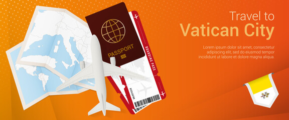 Travel to Vatican City pop-under banner. Trip banner with passport, tickets, airplane, boarding pass, map and flag of Vatican City.