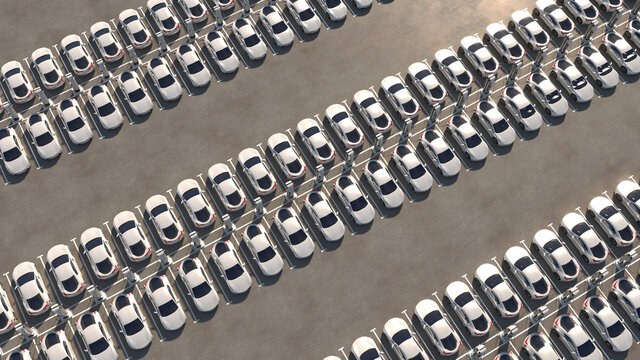Big parking with chargers. Rows of electric cars are recharging. General view. 3d illustration