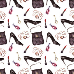 Watercolor seamless pattern with various women's accessories, shoes and bags