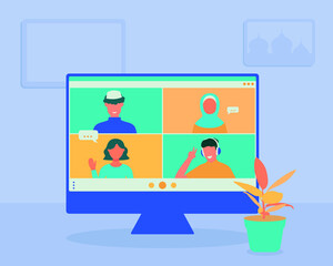 Eid Mubarak family conference call, Islamic holidays concept, virtual call due to covid19 corona virus, Communication Technology, Lebaran Tradition flat design