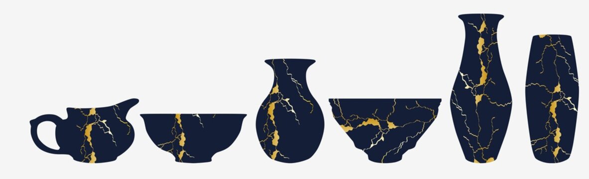 Repaired Japan Vase Kintsugi Art Color Sketch Engraving Illustration. Scratch Board Style Imitation.