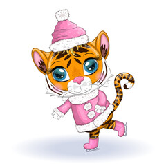 Cute cartoon tiger with beautiful eyes in a hat and fur coat, ice skating, winter 2022. Chinese New Year 2022, Christmas year of the Tiger