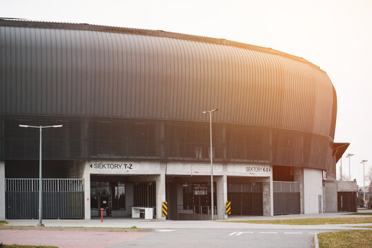 Tychy, Poland, March 27, 2021, GKS Tychy City Stadium. View of the city stadium of the GKS Tychy football team. Place of drawing football matches.