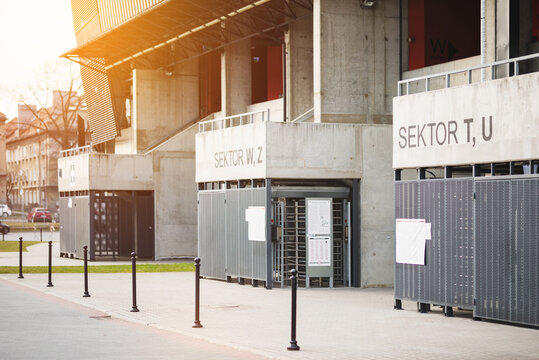 Tychy, Poland, March 27, 2021, GKS Tychy City Stadium. View of the city stadium of the GKS Tychy football team. Place of drawing football matches.