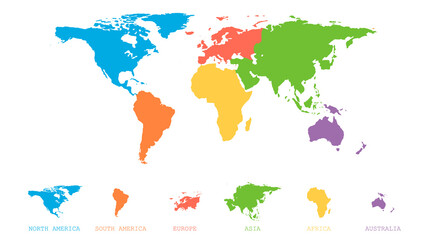 Fototapeta premium World map with continents of different colors. Continents of the world. Vector illustration in a flat style.