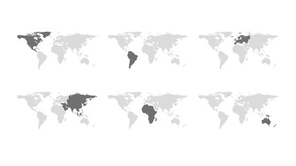 World maps with continents. Designation of different continents. Vector illustration.