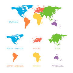 Fototapeta na wymiar World map with continents of different colors. Continents of the world. Vector illustration in a flat style.