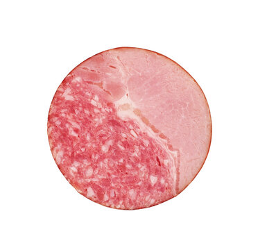 Slices of salami isolated on white background. sausage cut. uncooked smoked.  two-component sausage