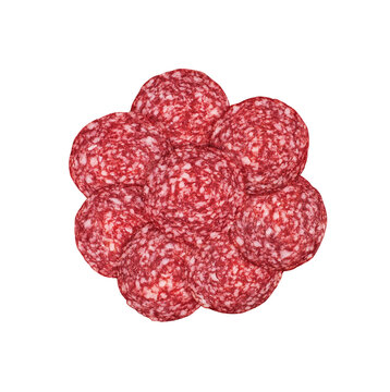 Slices of salami isolated on white background. sausage cut. uncooked smoked.  