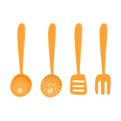 Copper kitchen accessories: spatula, skimmer, ladle, fork. Vector flat illustration isolated on a white background.