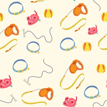 Pet toys seamless pattern. Accessories for playing pets. Collection of pets elements. Various pet supplies. Cartoon vector illustration.