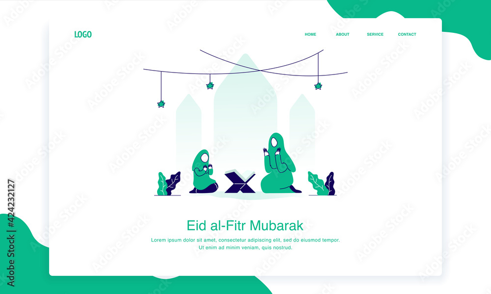 Wall mural Happy eid al fitr illustration concept of 
mother and child are praying after reading the Qur'an, flat design.