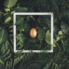Creative Easter nature background with copy space. Green Spring leaves and gold Easter eggs. Minimal spring abstract composition. Flat lay.
