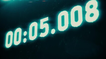 Retro blue digital countdown timer with milliseconds, clock, running out of time