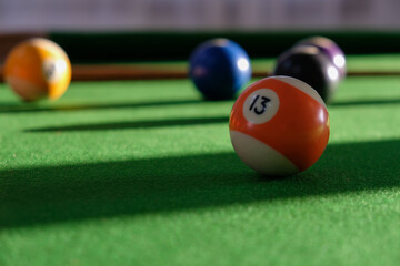 Close-up billiard balls on green table