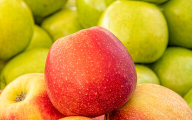 a red apple on green apples background, fresh vegetarian food