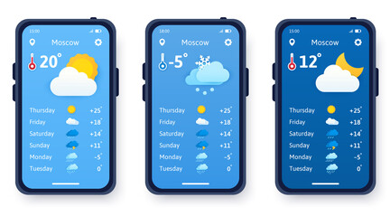 Vector concept of paper cut weather. Weather forecast application on smartphone. The concept of a night, sunny and snowy day. Cartoon flat illustration.