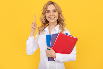 inspiration. inspired woman with idea in white shirt. office worker with notebook.