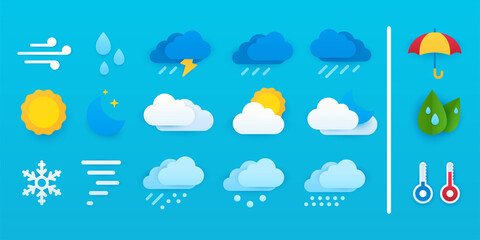 Cartoon flat icons on isolated background. Set of vector paper cut weather icons. Icons for sunny, cloudy, rainy, windy and snowy weather. Umbrella, thermometers, green leaves.