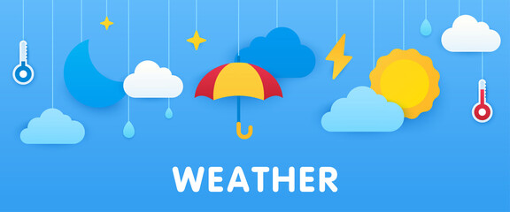 Vector weather concept. Hanging on ropes icons set. Paper cut icons on isolated background. Sun behind clouds, umbrella, thermometers, lightning and raindrops.