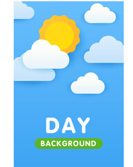 Paper cut weather vertical poster concept. Place for your text. Weather forecast app widgets. Day. Cartoon flat background for smartphone applications. Summer landscape. Weather forecast.