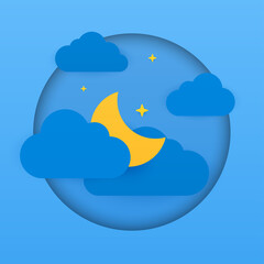 Paper cut weather postcard concept. Night. The stars and the moon around the night clouds. Vector cartoon flat illustration. Can be used on websites and web banners.
