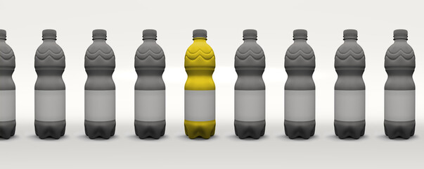 plastik wasserflaschen in reihe aufgestellt, mittlere plastikflasche farbig hervor gehoben, 3d studio rendering, stilisiert und sauber modern dargestellt, mockup shot ohne branding und etikett