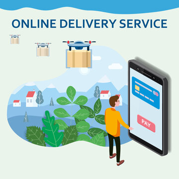 Online Delivery Service drons template. Man buyer smartphone, shipping, delivery. E-commerce concept. Online goods order. Isolated vector