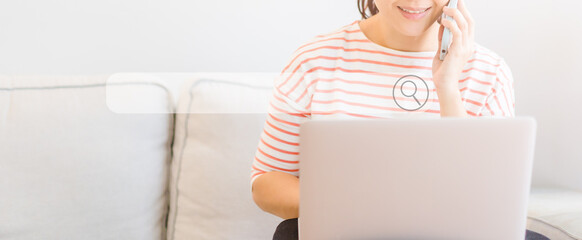 Woman girl use smartphones with laptop lockdown at home.Delivery find restaurant.Searching...