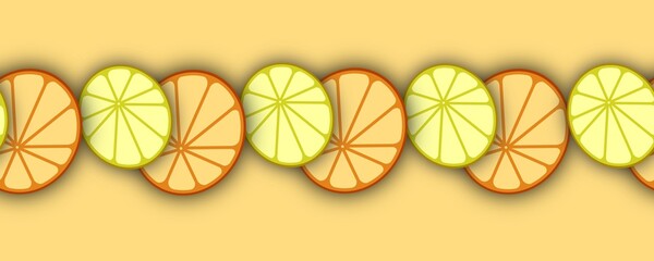 Seamless pattern, border, orange and lime slices on orange background