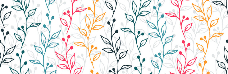 Berry bush sprouts organic vector seamless pattern. Ornate floral graphic design. Meadow plants foliage and bloom wallpaper. Berry bush sprigs sketch repeating background