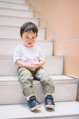 Asian baby boy, portrait of child, cute toddler with white shirt