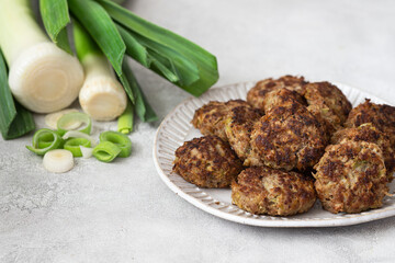 Homemade cutlets with leeks. Passover food	