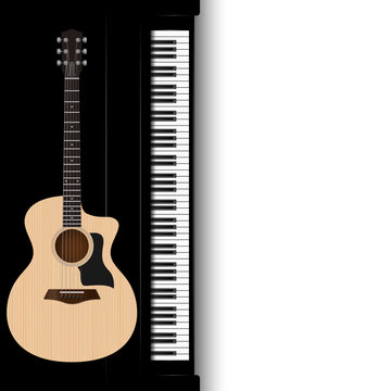Acoustic guitar and piano keys, music instrument background, vector illustration