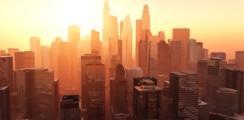 City at sunset, Skyscrapers at sunset, modern city at sunrise in the haze,, 3D rendering