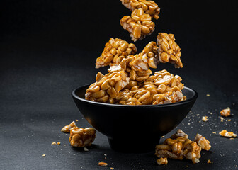 Peanut kozinaki falling in bowl on black background