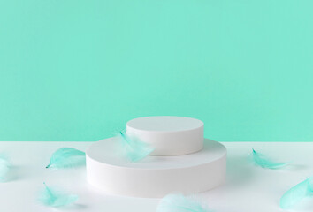 Mock up background with podium for product display and feathers