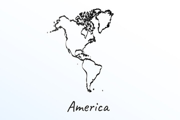 Hand draw map of Continent America, North and South America. Black line drawing sketch. outline doodle on white background. handwriting script name of the country. vector illustration
