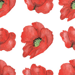 Watercolor hand painted nature floral seamless pattern with red poppy petal flower with yellow center isolated on the white background for textile, wallpaper, art print design