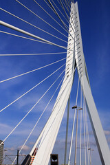 Erasmus Bridge, Rotterdam, Netherlands.
Combined cable-stayed and bascule bridge. White lines and blue sky.