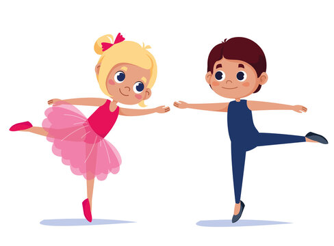 Ballet boy and girl vector cartoon illustration. Children in beautiful outfits are dancing. Woman in a pink dress. Male athlete in tights fun cute