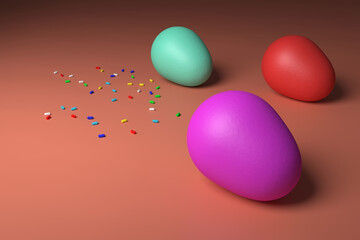 Happy easter. Multicolored Easter eggs. 3D rendering. Eggs on a slightly dented colored canvas with colored Easter sprinkles scattered over it. Free space for an inscription.