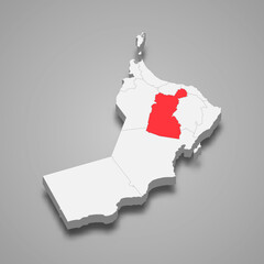 Ad Dakhiliyah region location within Oman 3d map