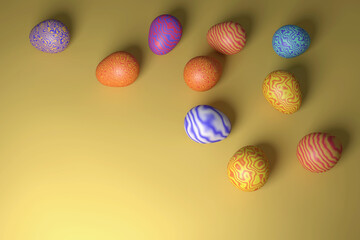 Happy easter. Multicolored Easter eggs with a wavy pattern. 3D rendering. Eggs on a slightly dented colored canvas. Free space for an inscription.
