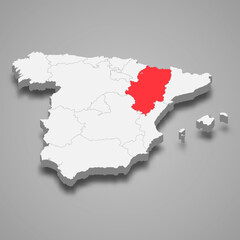 Aragon region location within Spain 3d map